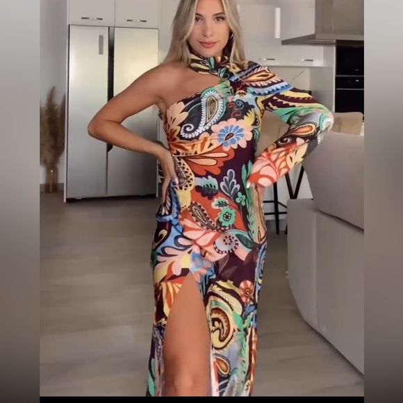ZARA ONE SHOULDER PRINTED ASYMMETRIC DRESS MULTICOLORED - Picture 6 of 13